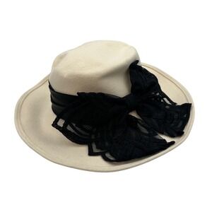Vintage Joe Bill Miller Wool Hat Cream Black Lace‎ Bow Derby Dress Hats Made USA